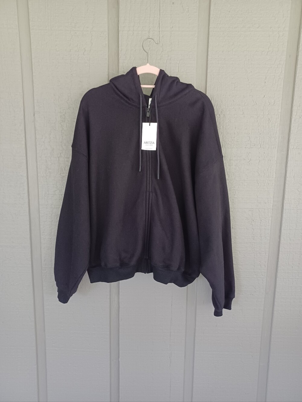 Aritzia Cozy Sweatfleece Mega Zip Hoodie Jacket Size L Cotton Blend Pocket Black
